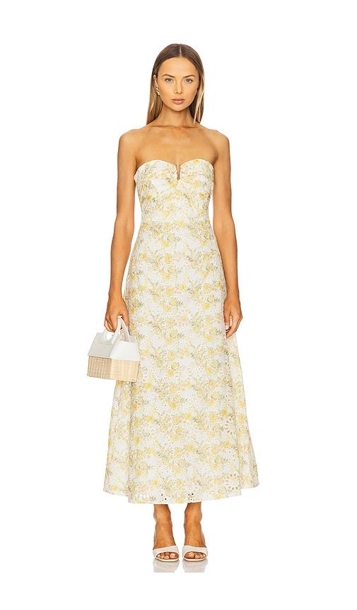 bardot lora broderie maxi dress in yellow.