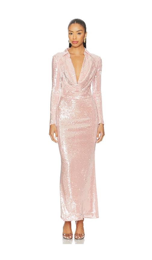 bardot lorel sequin mesh midi dress in pink.