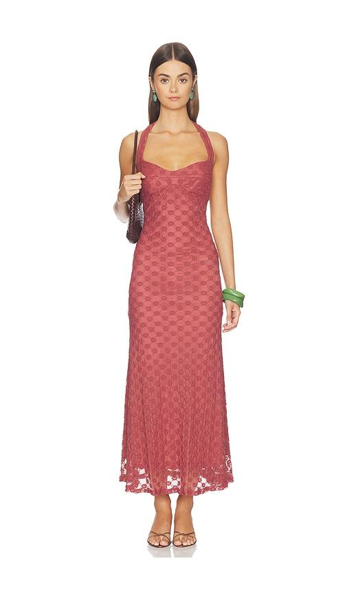 bardot mariko halter neck midi dress in rust.
