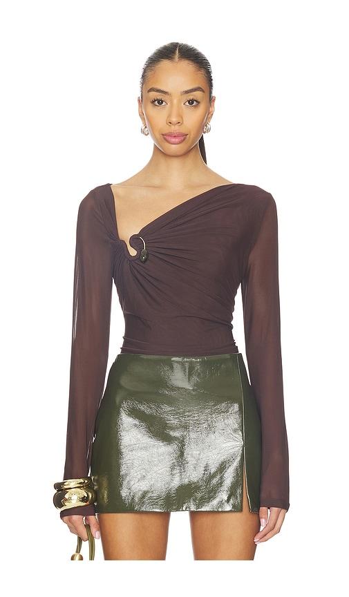 bardot marisol asymmetric mesh top in chocolate.