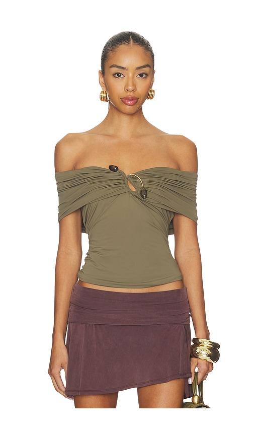 bardot martina off the shoulder top in green.