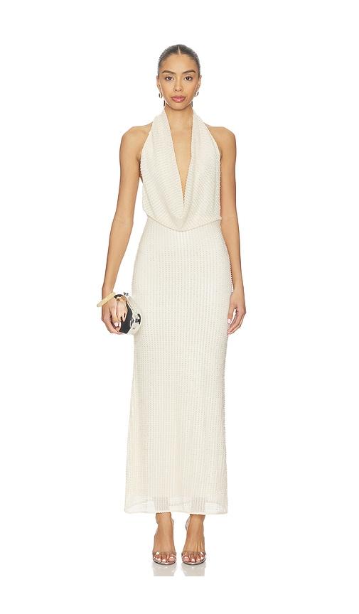 bardot nola sequin cowl maxi dress in ivory.