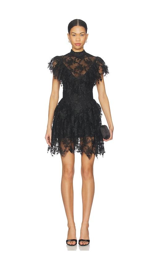 bardot tarryn ruffle lace mini dress in black.