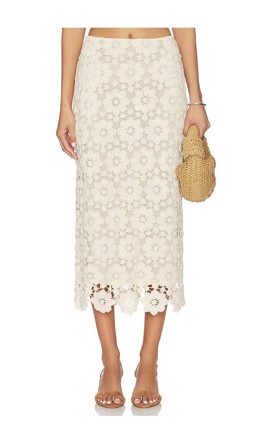 bardot veneta crochet midi skirt in beige.