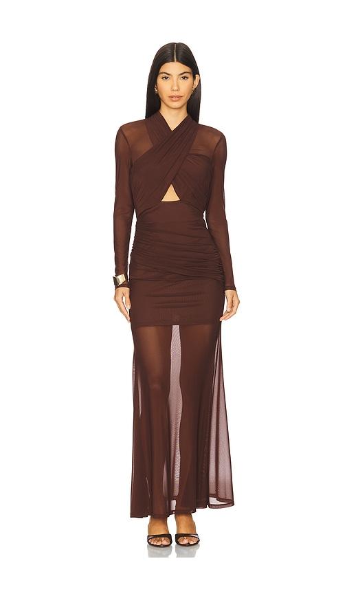 bardot veria wrap mesh maxi dress in chocolate.