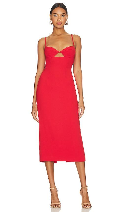 bardot vienna midi dress in orange.