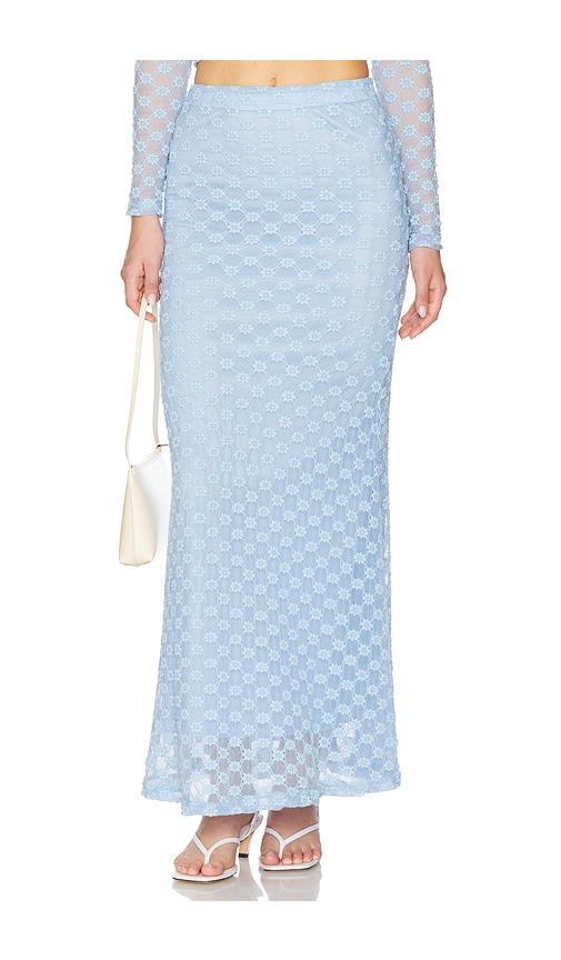 bardot x revolve adoni mid rise maxi skirt in baby blue.