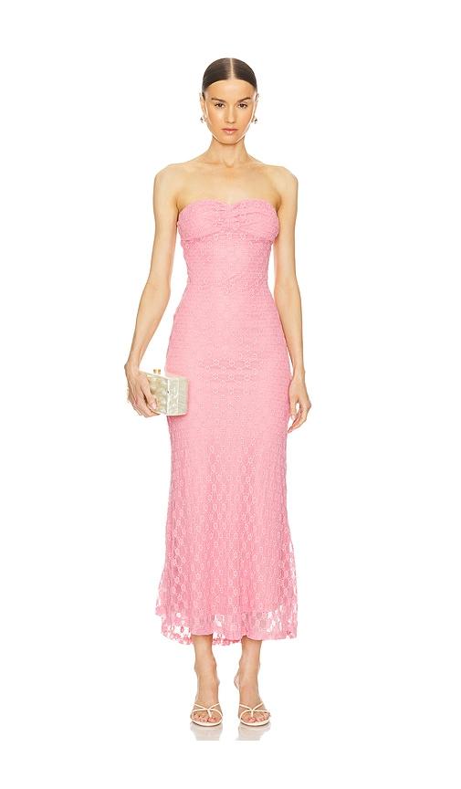 bardot x revolve adoni strapless midi dress in pink.