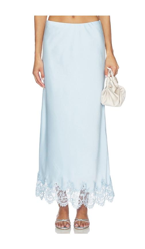 bardot x revolve elisan lace satin midi skirt in blue.