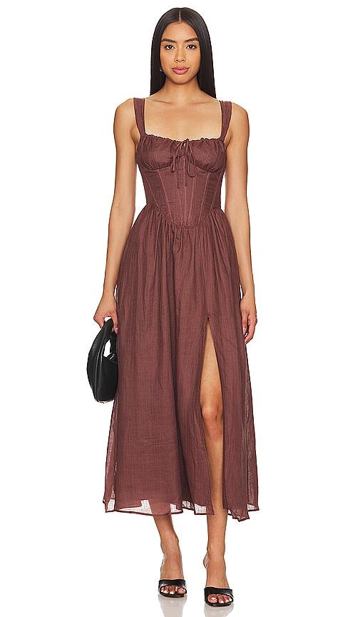 bardot x revolve esra midi dress in chocolate.