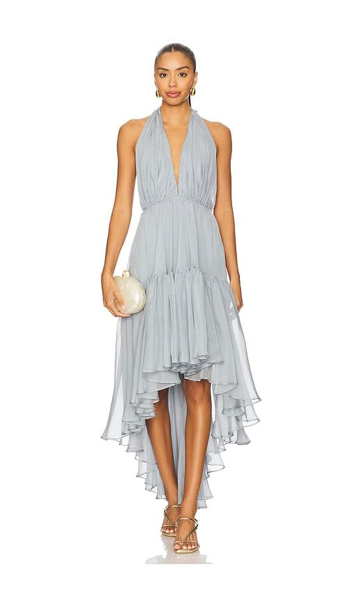 bardot x revolve leona high low ruffle dress in baby blue.