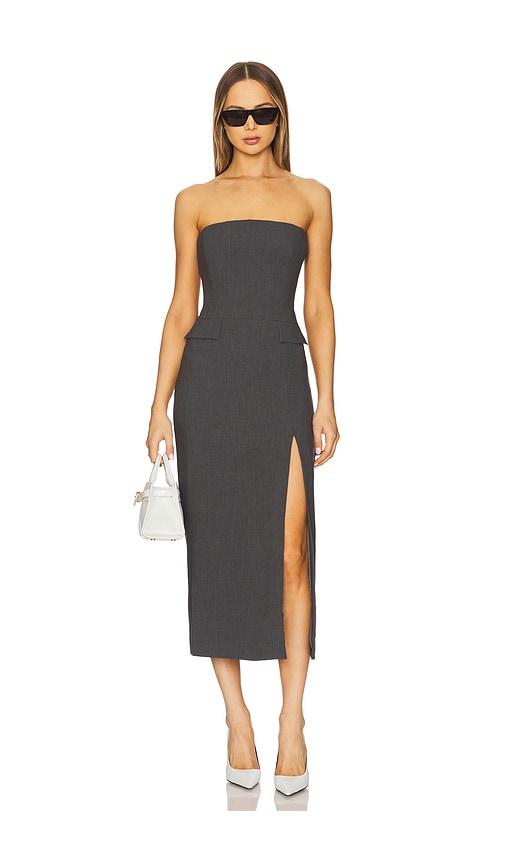 bardot x revolve nikki strapless midi dress in charcoal.