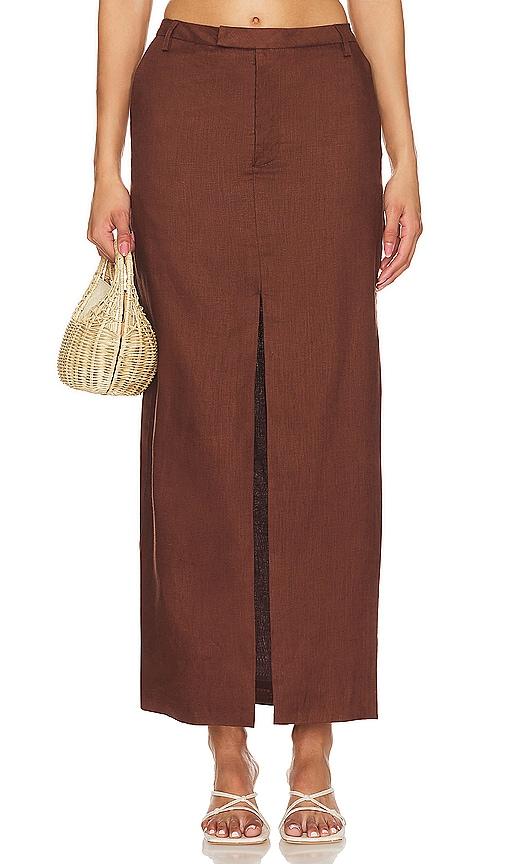 bardot x revolve sita maxi skirt in chocolate.