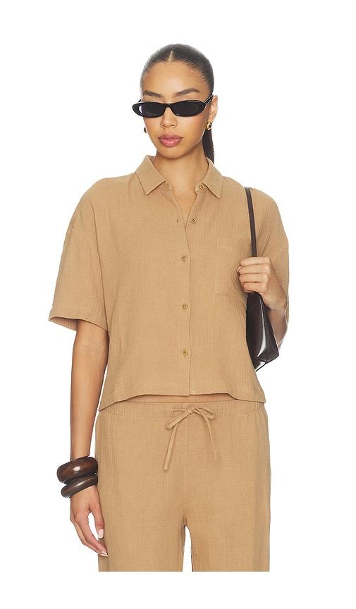 barefoot dreams button up shirt in tan.