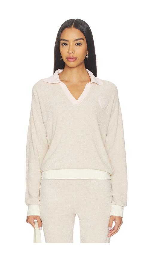 barefoot dreams cozy chic ultra lite color block heart collared pullover in tan.