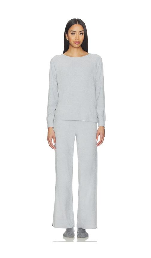 barefoot dreams cozychic jersey roll pullover & wide leg pant set in light grey.
