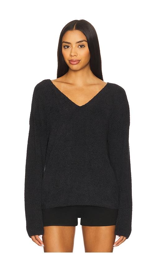 barefoot dreams cozychic lite ribbed v pullover with back tie in black.