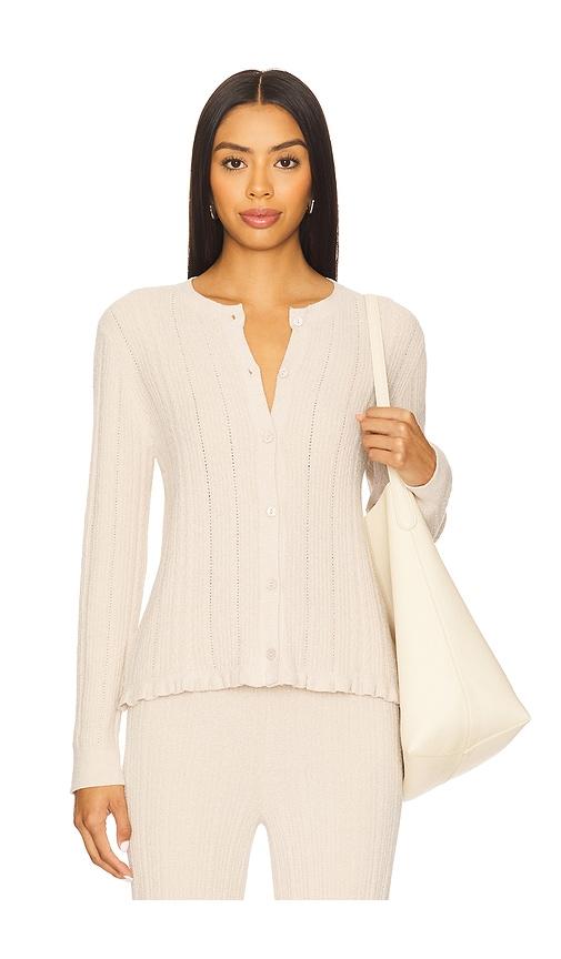 barefoot dreams cozychic ultra lite cable knit cardigan with ruffle in cream.