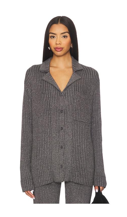 barefoot dreams cozychic ultra lite lurex rib button front shirt in charcoal.