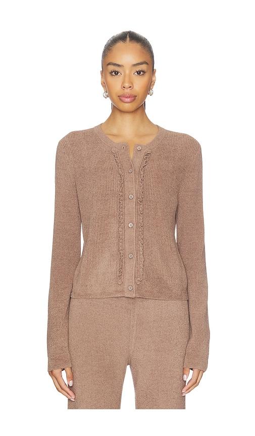 barefoot dreams cozychic ultra lite pointelle rib ruffle front cardigan in brown.