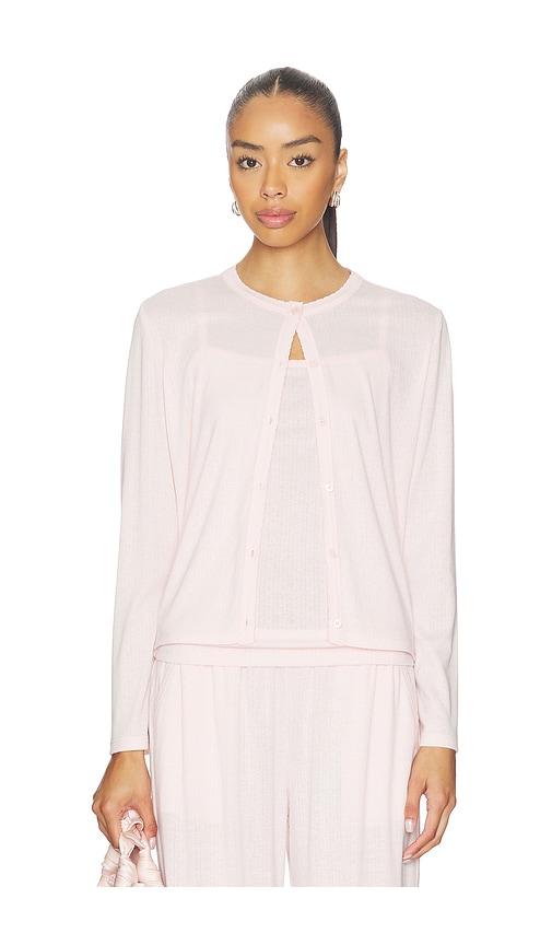 barefoot dreams pointelle rib cardigan with scallop trim in pink.