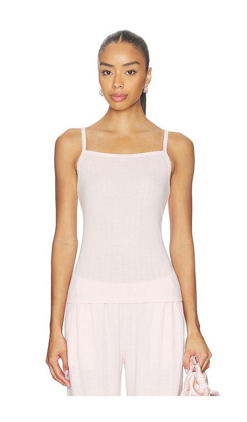 barefoot dreams pointelle rib tank with scallop trim in pink.
