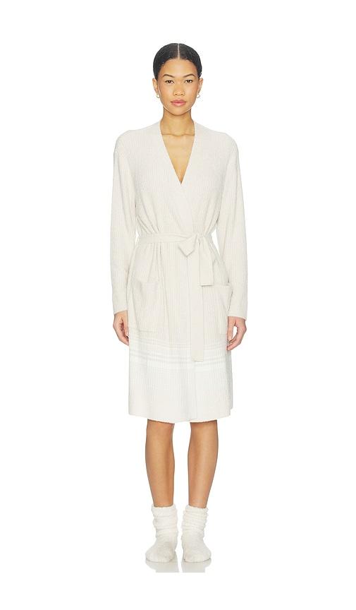 barefoot dreams variegated stripe ribbed robe in beige.