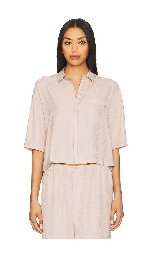 barefoot dreams washed satin jacquard cropped shirt in mauve.