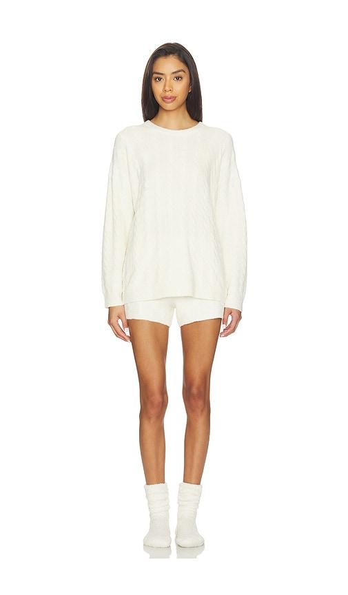 barefoot dreams x revolve cable pullover and short set in cream.