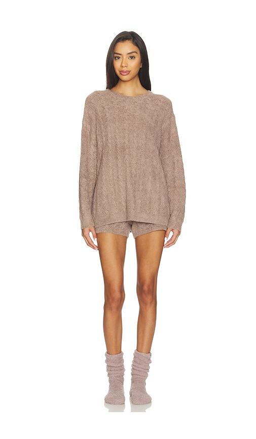 barefoot dreams x revolve cable pullover and short set in taupe.