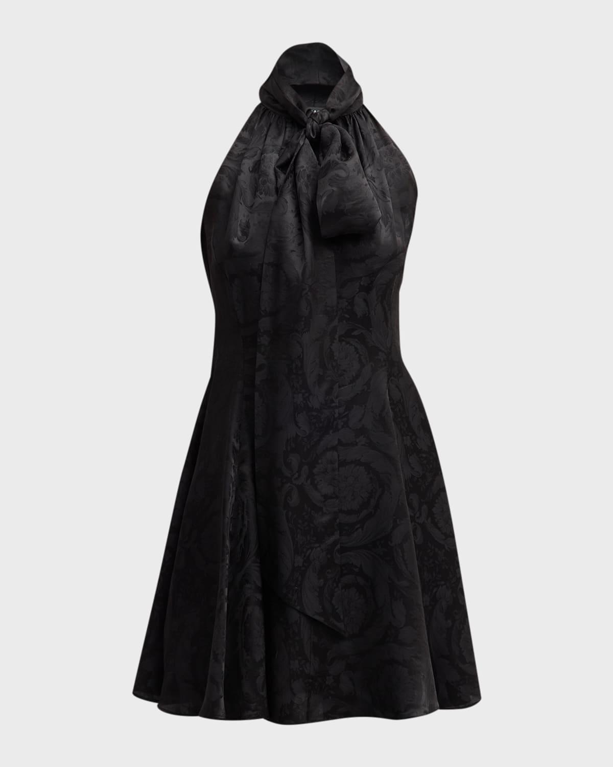 baroque-print tie-neck sleeveless mini dress