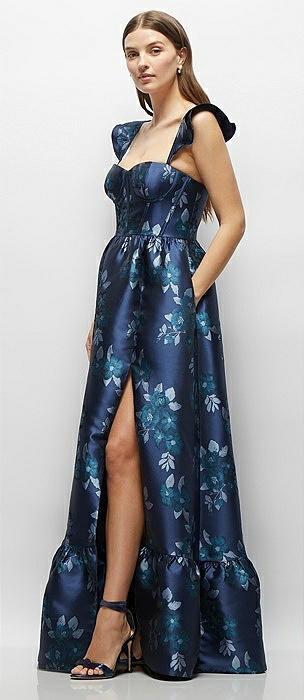 baroque rose damask floral corset maxi dress with ruffle straps & skirt