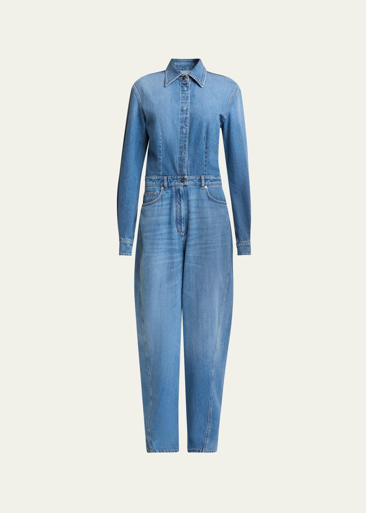 barrel leg denim jumpsuit