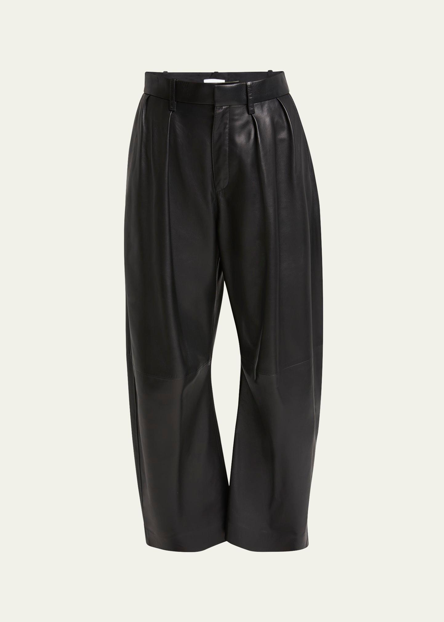 barrel shaped pleated leather trousers