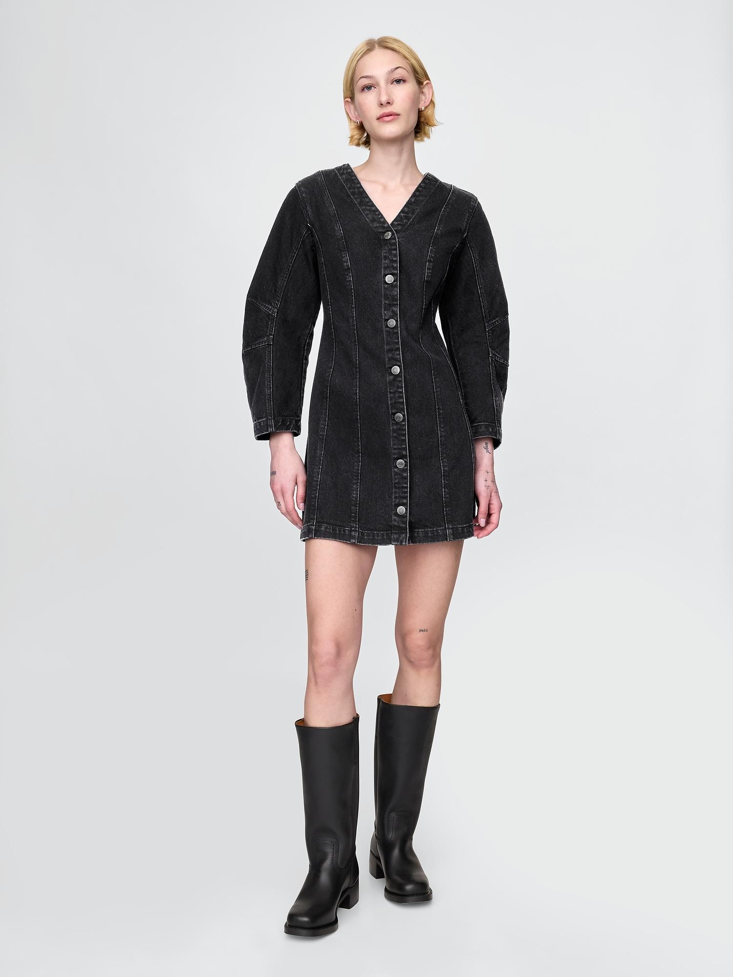 barrel-sleeve denim mini dress