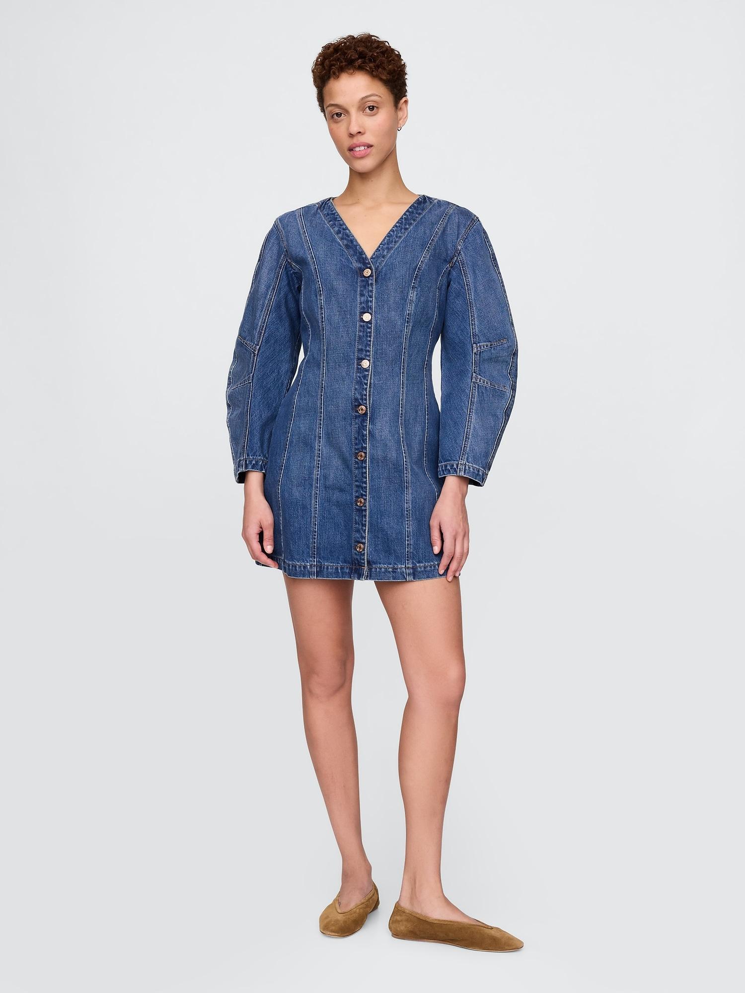 barrel-sleeve denim mini dress