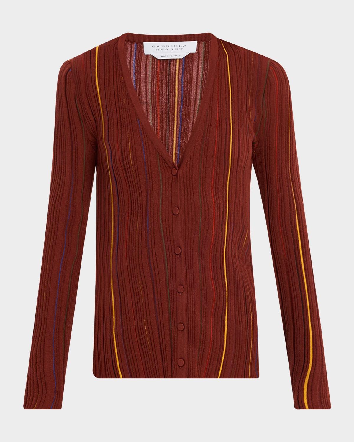 barth pinstripe pleated knit v-neck cardigan