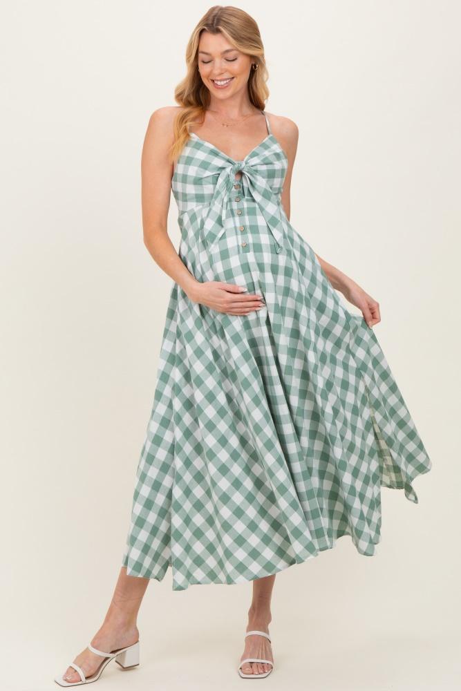 basil gingham tie front racerback maternity midi dress