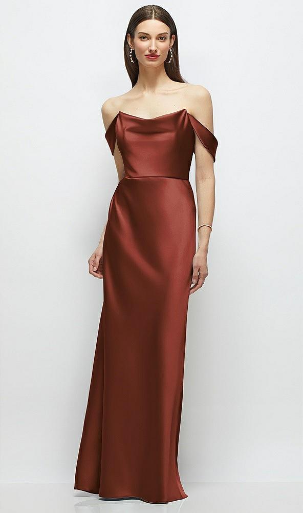 basque-neck a-line stretch satin maxi dress with off-the-shoulder drape