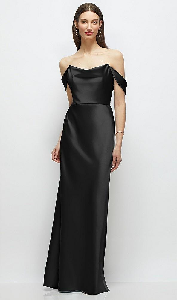 basque-neck a-line stretch satin maxi dress with off-the-shoulder drape
