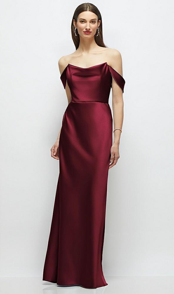 basque-neck a-line stretch satin maxi dress with off-the-shoulder drape