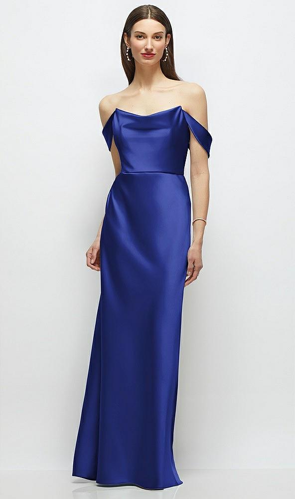basque-neck a-line stretch satin maxi dress with off-the-shoulder drape