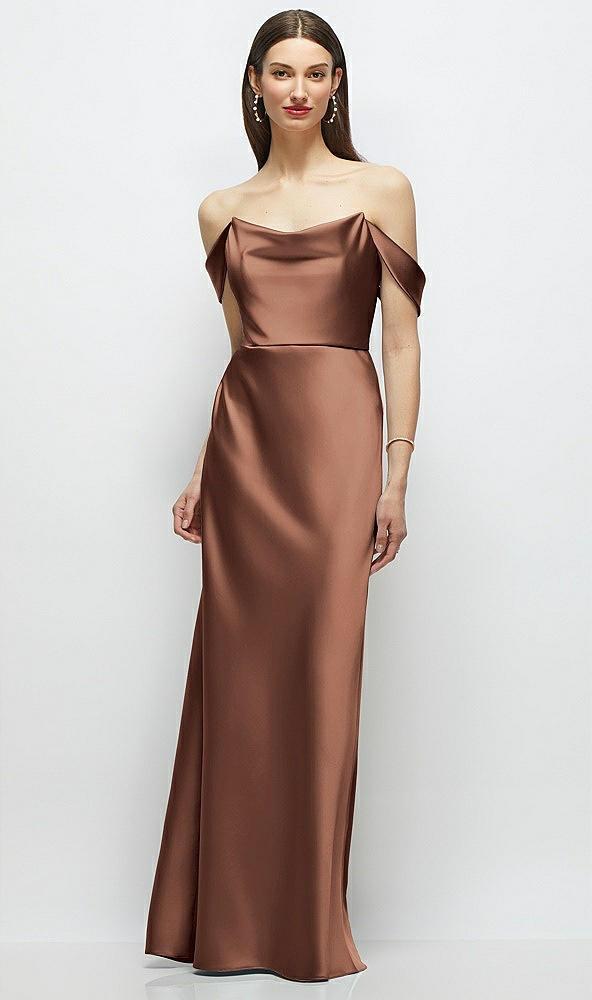 basque-neck a-line stretch satin maxi dress with off-the-shoulder drape