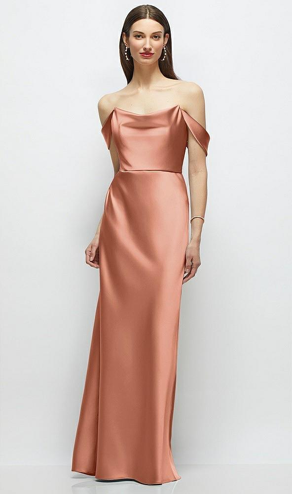 basque-neck a-line stretch satin maxi dress with off-the-shoulder drape