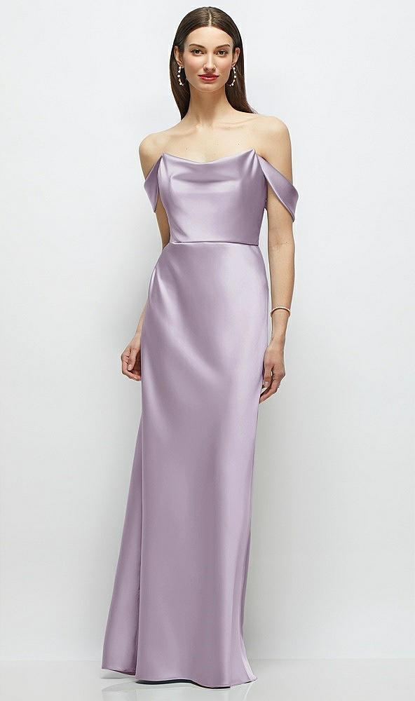 basque-neck a-line stretch satin maxi dress with off-the-shoulder drape