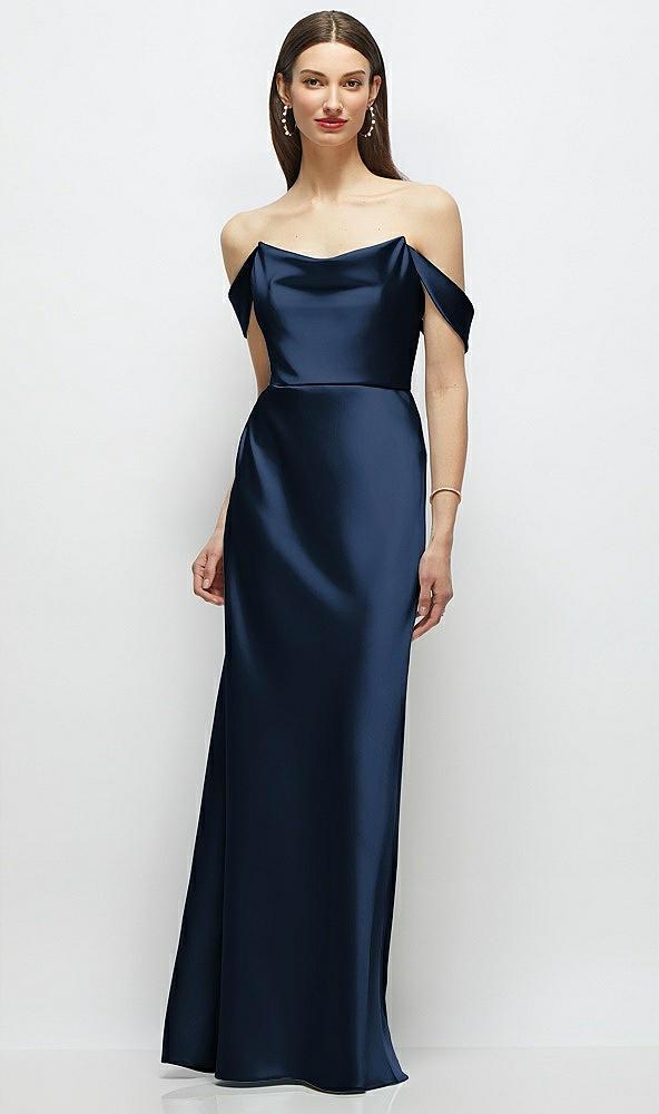 basque-neck a-line stretch satin maxi dress with off-the-shoulder drape