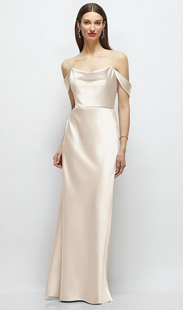 basque-neck a-line stretch satin maxi dress with off-the-shoulder drape