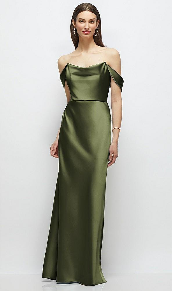 basque-neck a-line stretch satin maxi dress with off-the-shoulder drape