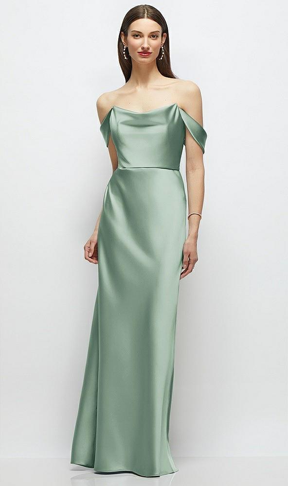 basque-neck a-line stretch satin maxi dress with off-the-shoulder drape