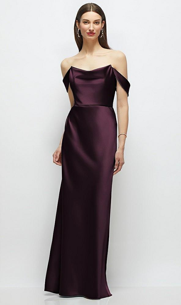 basque-neck a-line stretch satin maxi dress with off-the-shoulder drape